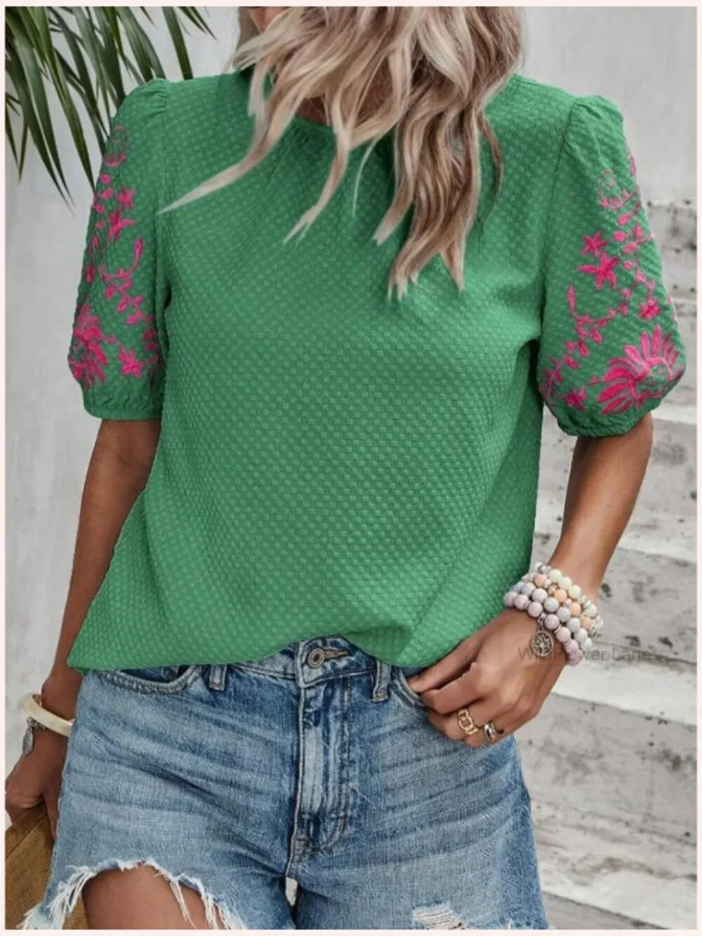 Crewneck Puff Short Sleeve Embroidered Blouse Tunic Top Loose Fit
